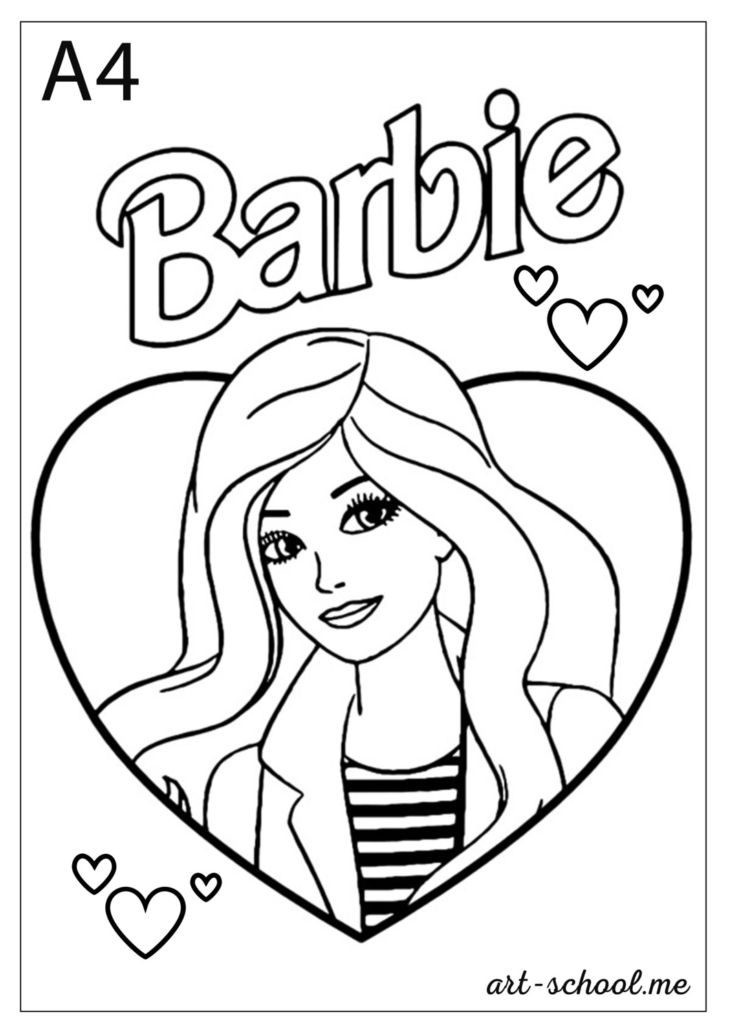 Barbie w ramce w kształcie serca. Serduszka. Serce. Kolorowanki dla dziewczynek. Kolorowanka Barbie.