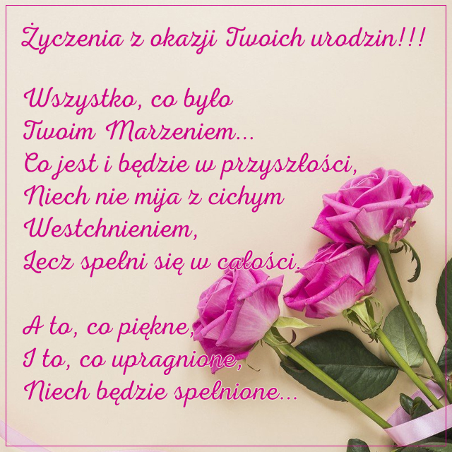 E-kartka z różowymi różami i życzeniami dla kobiety na urodziny
