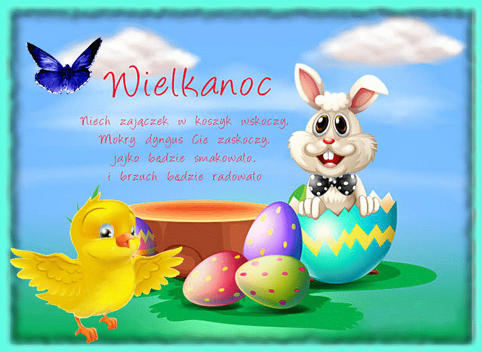 Królik Wielkanocny! Uśmiechajacy się zając i kurczak z życzeniami na Wielkanoc!
