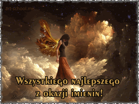 Animowana kartka imieninowa! Gify z aniołami! Imieniny! Piękny anioł w chmurach na niebie!