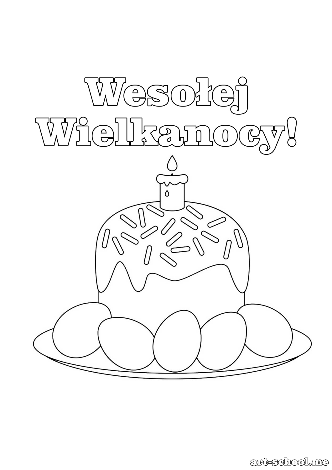 Babka wielkanocna z pisankami. Kolorowanka dla dzieci na Wielkanoc. Wielkanocna laurka z życzeniami.