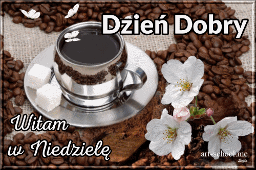 Dzień Dobry! Witam w Niedzielę! Piękna animowana kartka z kawą i białymi kwiatami!