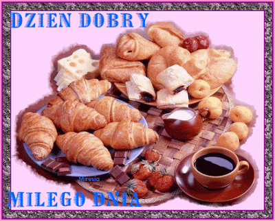 GIF z kawą! Dzień Dobry! Życzę Ci miłego dnia! Croissanty z kawą!