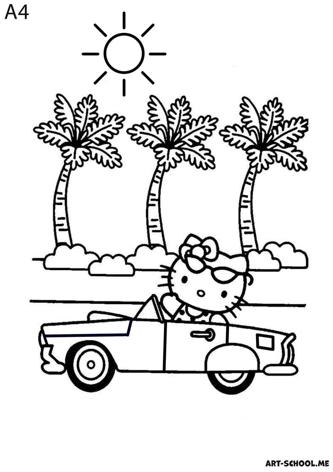 Hello Kitty! Kolorowanka z kotką w kabriolecie! Darmowa kolorowanka do wydruku!