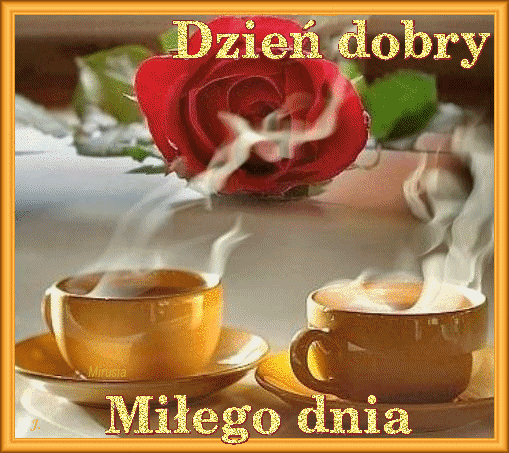 Kartki na dzień dobry darmowe! Życzenia na dzień dobry! Miłego dnia życzę! GIF z kawą i różą.