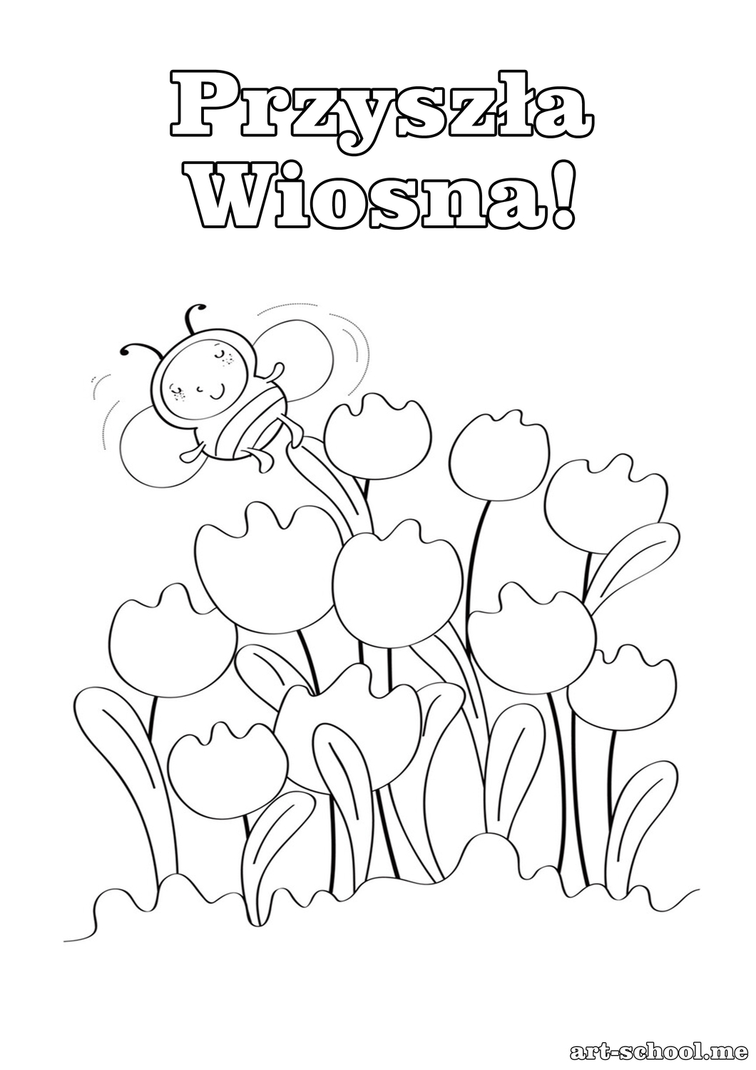 Kolorowanka na pierwszy dzień wiosny! Pszczoła i tulipany! Wiosenne tulipany. Wiosenne kwiaty. Kolorowanka dla przedszkolaków i dzieci w młodszym wieku szkolnym!