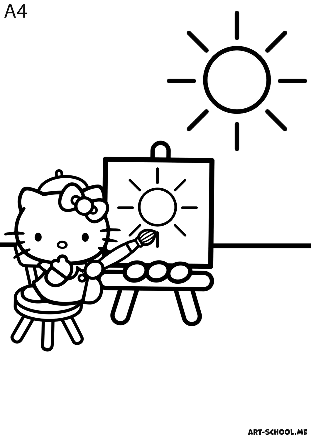 Kolorowanka z kotką-malarką! Kotka rysuje słońce! Hello Kitty!