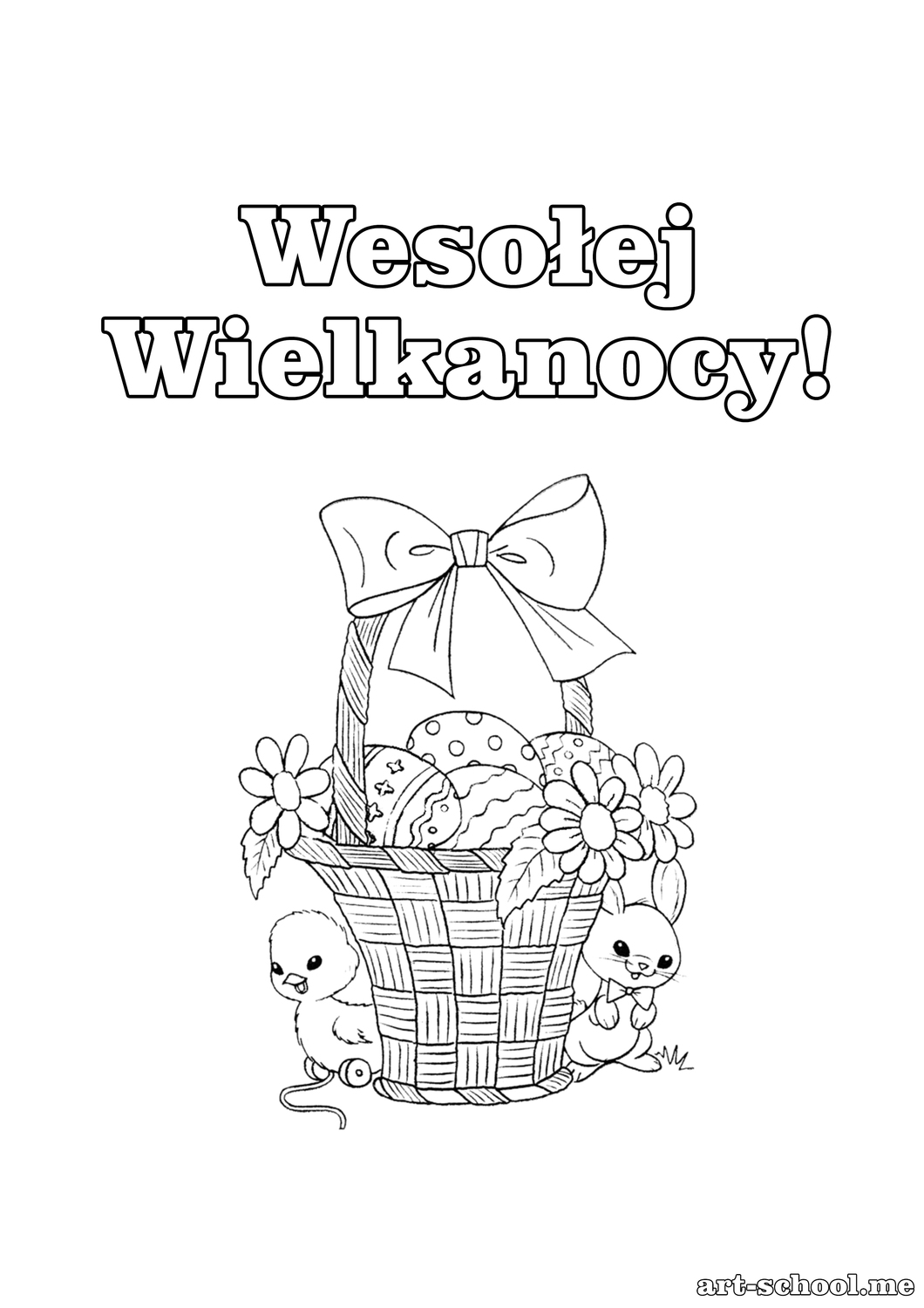 Kolorowanki wielkanocne do druku! Kolorowanka z koszykiem pełnym pisanek! Kolorowanka z wielkanocnym zajączkiem i wielkanocnym kurczaczkiem!
