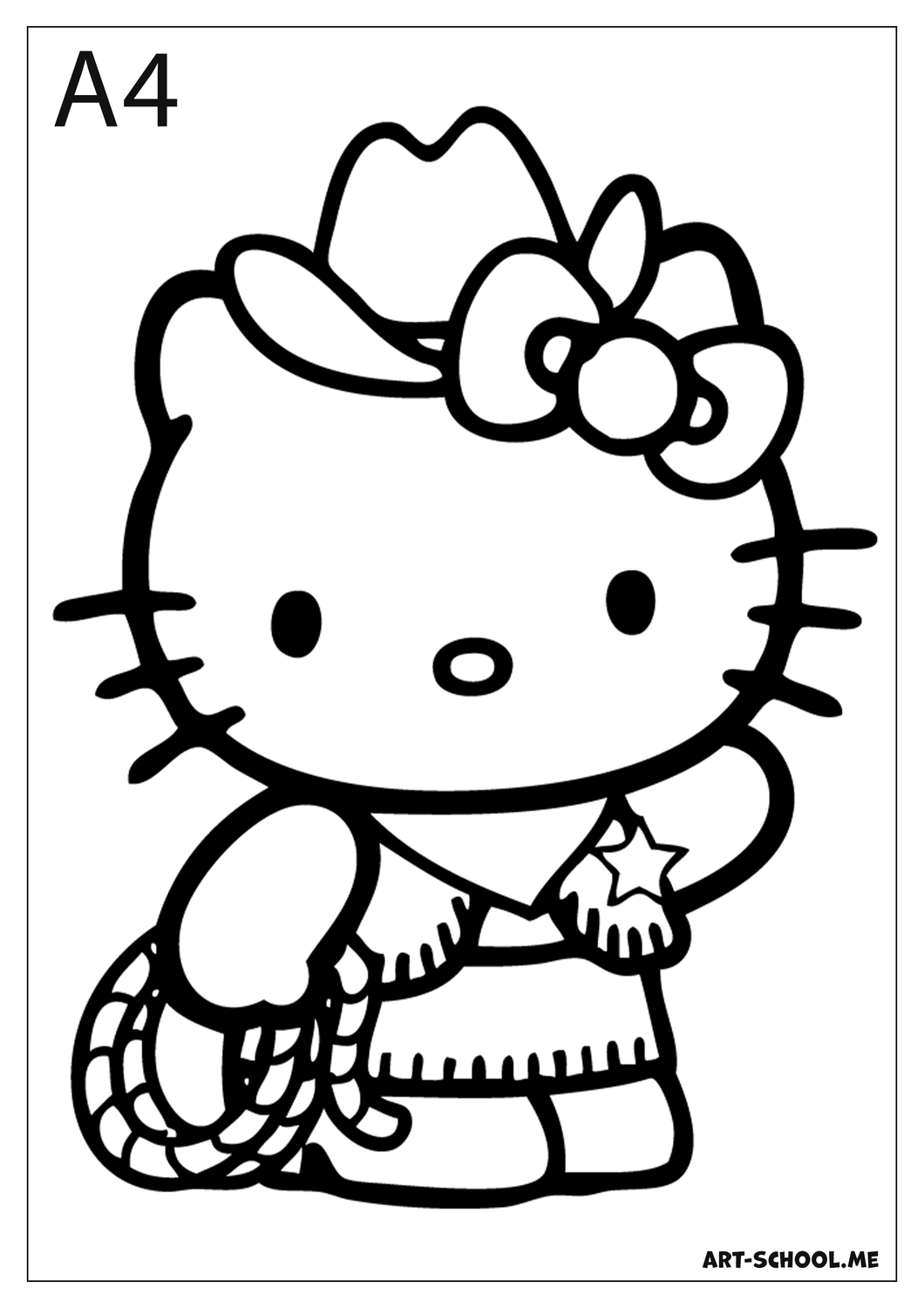 Kotka Hello Kitty w kowbojskim kapeluszu! Kotka-kowboj! Darmowa kolorowanka do wydruku!