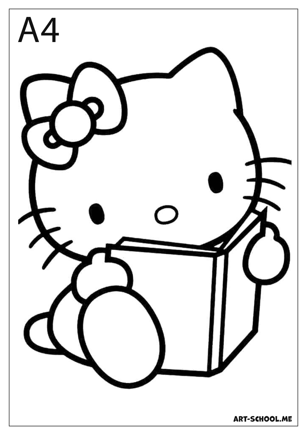 Kotka, która czyta książkę. Hello Kitty! Darmowa kolorowanka do wydruku!