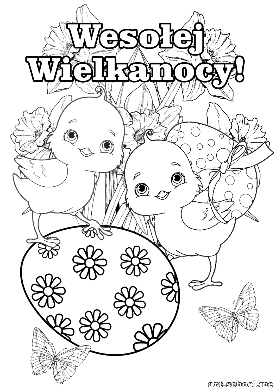 Kurczaczki Wielkanocne! Kolorowanki wielkanocne do druku! Dwa kurczaczki, motyle i kwiaty na Wielkanoc!