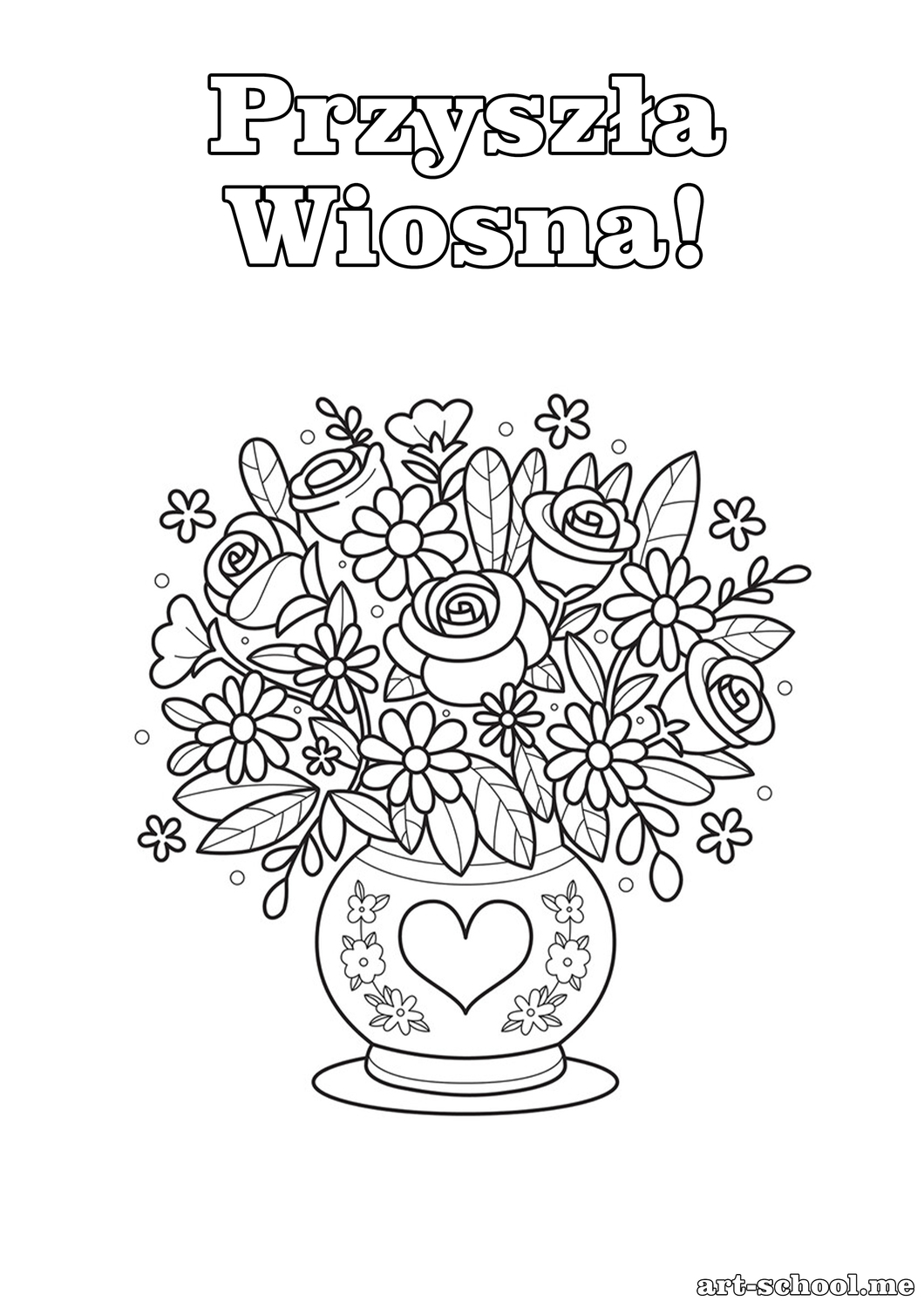 Piękny bukiet róż w wazonie z serduszkiem. Wiosenne kwiaty. Kolorowanka!