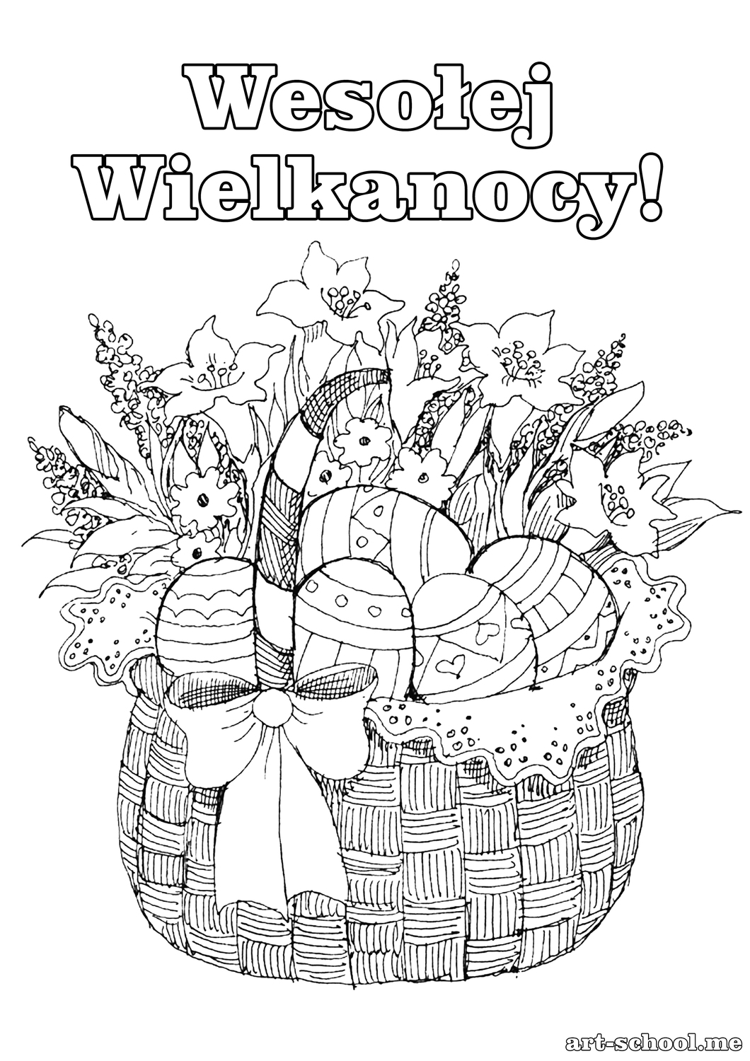 Piękny i duży koszyk z pisankami i kwiatami! Wiosenne kwiaty! Wiosenna kolorowanka dla dzieci! Wesołych Świąt Wielkanocnych! Wesołej Wielkanocy!