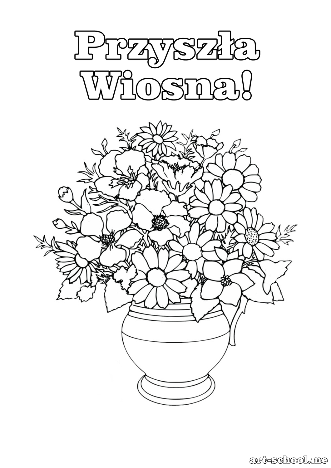 Przyszła Wiosna! Darmowe kolorowanki do druku! Wiosenne kwiaty! Duży bukiet wiosennych kwiatów w wazonie! Kolorowanka dla dzieci!