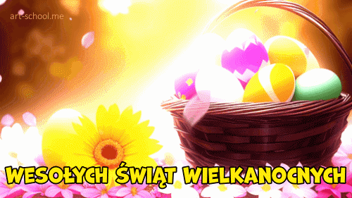 Wesołych świąt Wielkanocnych! Wielkanoc! GIF! Pisanki w koszyku.