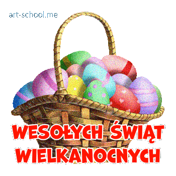 Wielkanocny GIF! Wesołych świąt Wielkanocnych! Pisanki w koszyku.