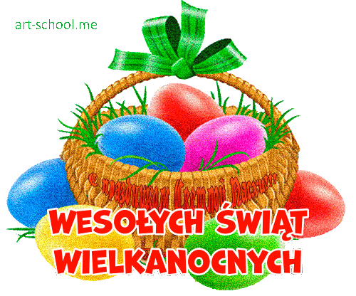 Wielkanocny GIF! Wesołych świąt Wielkanocnych! Pisanki w koszyku.