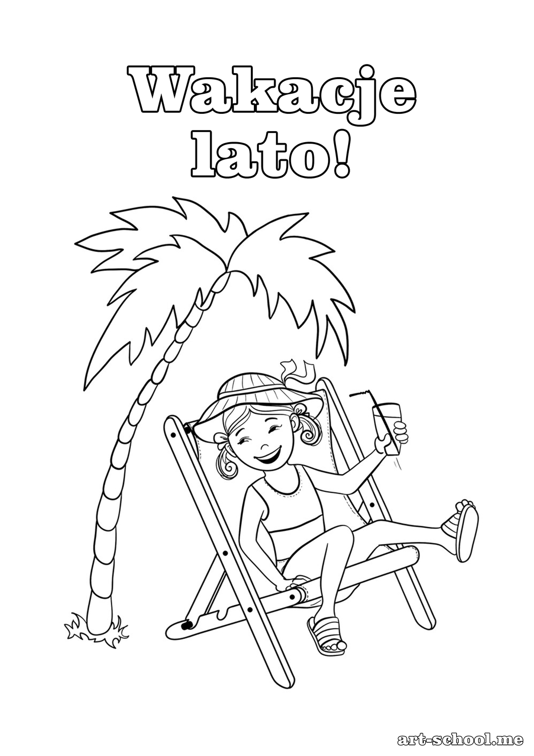 Dziewczynka na leżaku pod palmą. Dziewczynka na letnich wakacjach. Letnia kolorowanka.